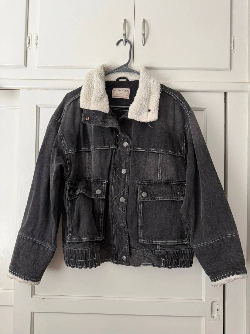 Free People Ariel Cozy Sherpa Accent Oversized Denim Bomber Jacket Washed Black